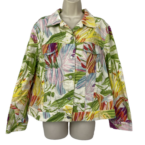 Chicos Linen Blend Trucker Jacket Size 2 Large Colorful Floral Tropical Artsy - Picture 1 of 11